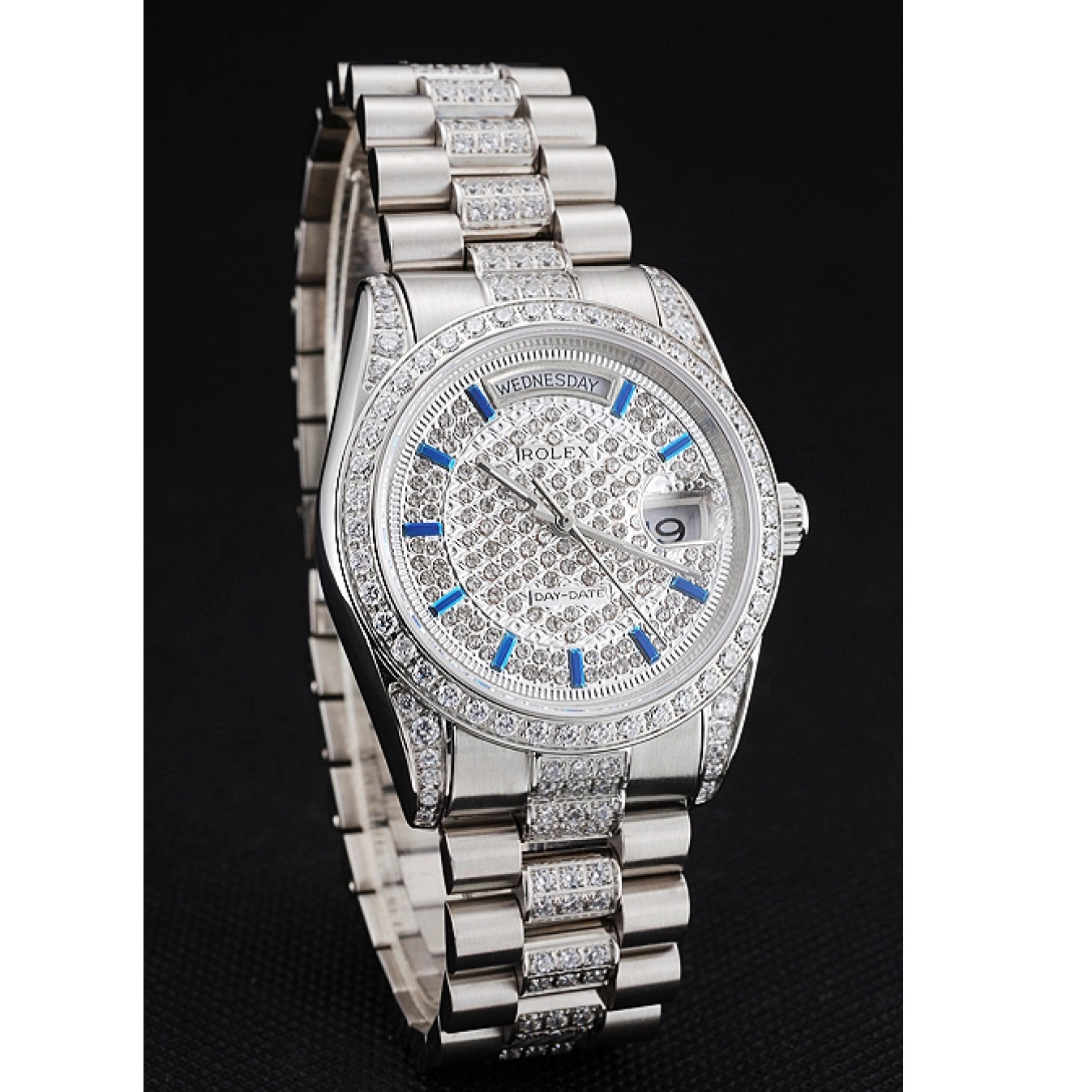 MiroTime 0712 Swiss Rolex Day Date Diamond Pave Dial And Bezel And Stainless Steel Bracelet